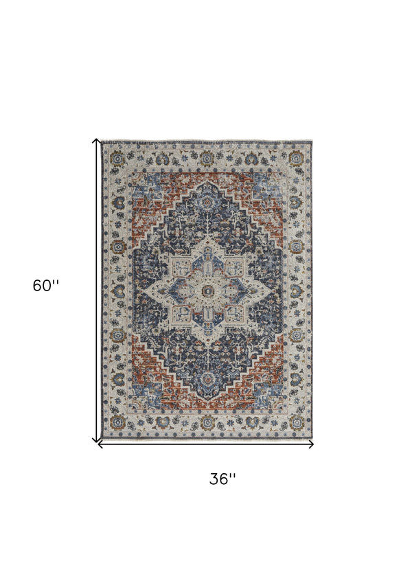 Homeroots 3' X 5' Ivory Red And Blue Oriental Power Loom Area Rug With Fringe Ivory Polypropylene 567266