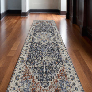 Homeroots 10' Ivory Red And Blue Oriental Power Loom Runner Rug With Fringe Ivory Polypropylene 567267