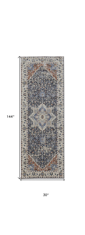 Homeroots 12' Ivory Red And Blue Oriental Power Loom Runner Rug With Fringe Ivory Polypropylene 567268