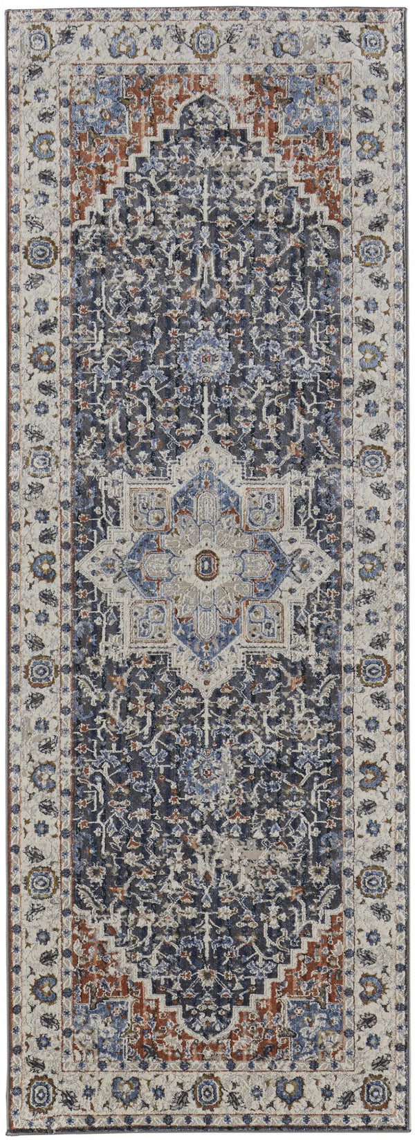 Homeroots 12' Ivory Red And Blue Oriental Power Loom Runner Rug With Fringe Ivory Polypropylene 567268