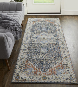 Homeroots 8' Ivory Red And Blue Oriental Power Loom Runner Rug With Fringe Ivory Polypropylene 567269