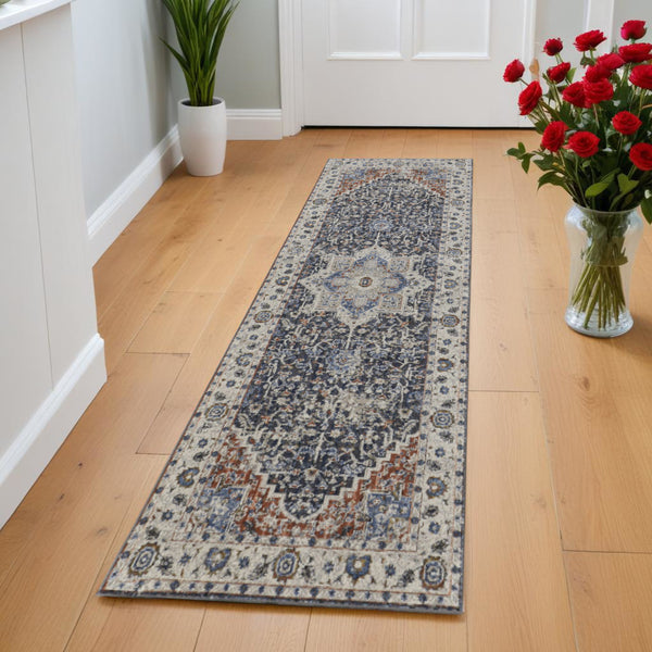 Homeroots 8' Ivory Red And Blue Oriental Power Loom Runner Rug With Fringe Ivory Polypropylene 567269