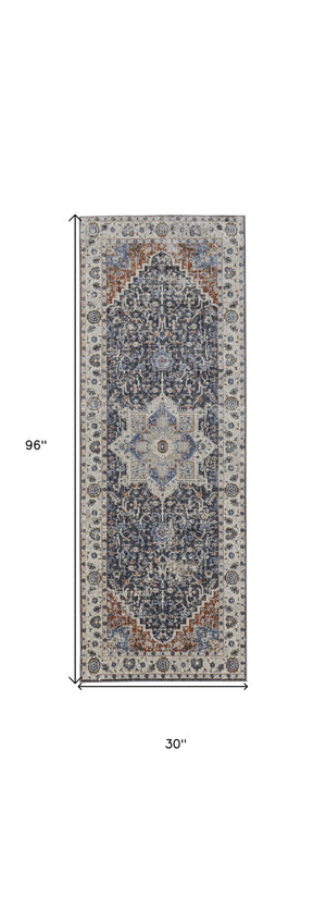 Homeroots 8' Ivory Red And Blue Oriental Power Loom Runner Rug With Fringe Ivory Polypropylene 567269
