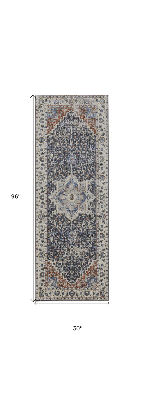 Homeroots 8' Ivory Red And Blue Oriental Power Loom Runner Rug With Fringe Ivory Polypropylene 567269