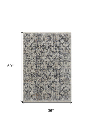Homeroots 3' X 5' Ivory And Gray Abstract Power Loom Worn Faded Area Rug With Fringe Ivory Polypropylene 567270