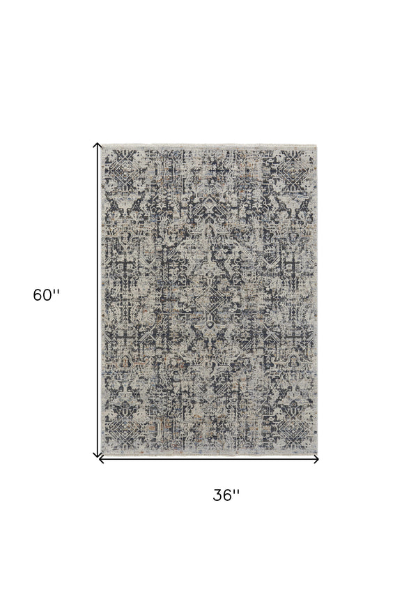 Homeroots 3' X 5' Ivory And Gray Abstract Power Loom Worn Faded Area Rug With Fringe Ivory Polypropylene 567270