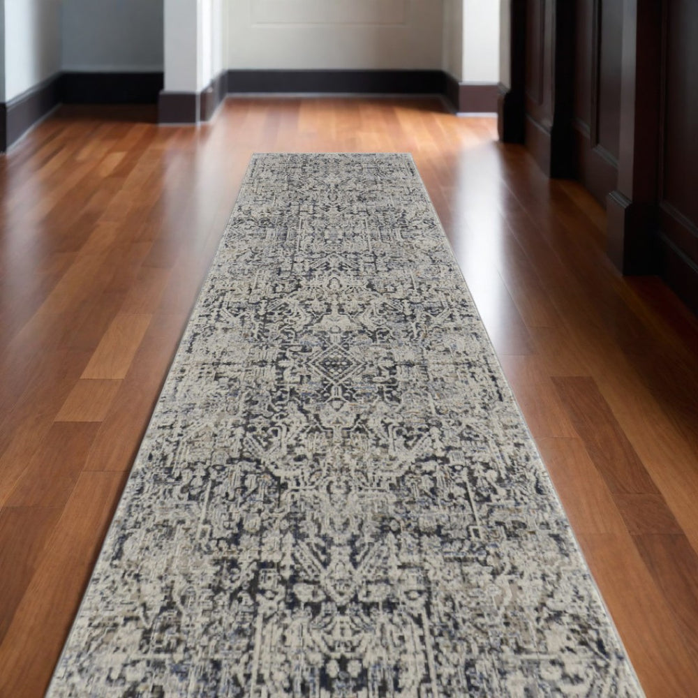 HomeRoots 3' Elegant Ivory and Gray Abstract Area Rug with Fringe - Soft, Vintage-Inspired Design for Any Space 10' Runner 567271