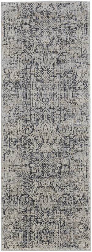 Homeroots 10' Ivory And Gray Abstract Power Loom Worn Faded Runner Rug With Fringe Ivory Polypropylene 567271