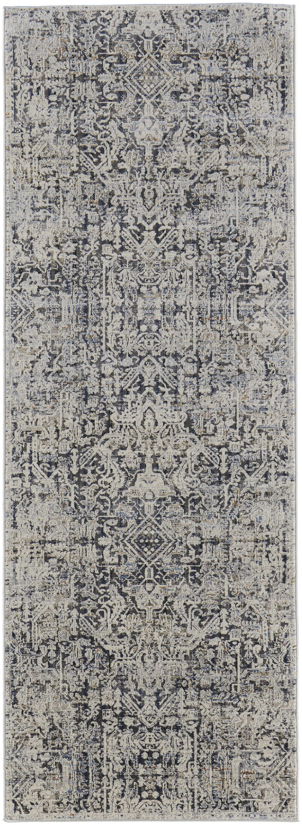 Homeroots 10' Ivory And Gray Abstract Power Loom Worn Faded Runner Rug With Fringe Ivory Polypropylene 567271