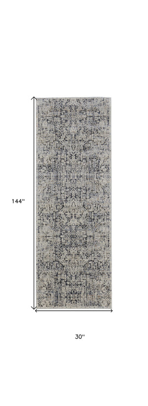 Homeroots 12' Ivory And Gray Abstract Power Loom Worn Faded Runner Rug With Fringe Ivory Polypropylene 567272
