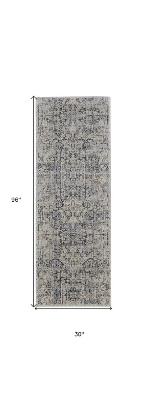 Homeroots 8' Ivory And Gray Abstract Power Loom Worn Faded Runner Rug With Fringe Ivory Polypropylene 567273