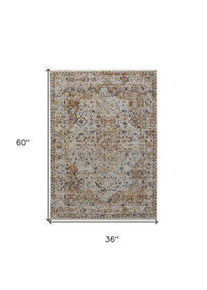 Homeroots 3' X 5' Tan Blue And Brown Oriental Power Loom Worn Faded Area Rug With Fringe Gray Polypropylene 567274