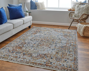 Homeroots 10' Tan Blue And Brown Oriental Power Loom Worn Faded Runner Rug With Fringe Gray Polypropylene 567275