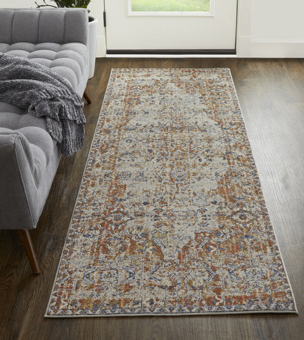 Homeroots 10' Tan Blue And Brown Oriental Power Loom Worn Faded Runner Rug With Fringe Gray Polypropylene 567275