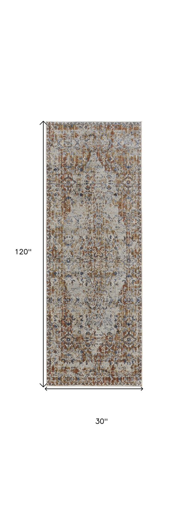 Homeroots 10' Tan Blue And Brown Oriental Power Loom Worn Faded Runner Rug With Fringe Gray Polypropylene 567275