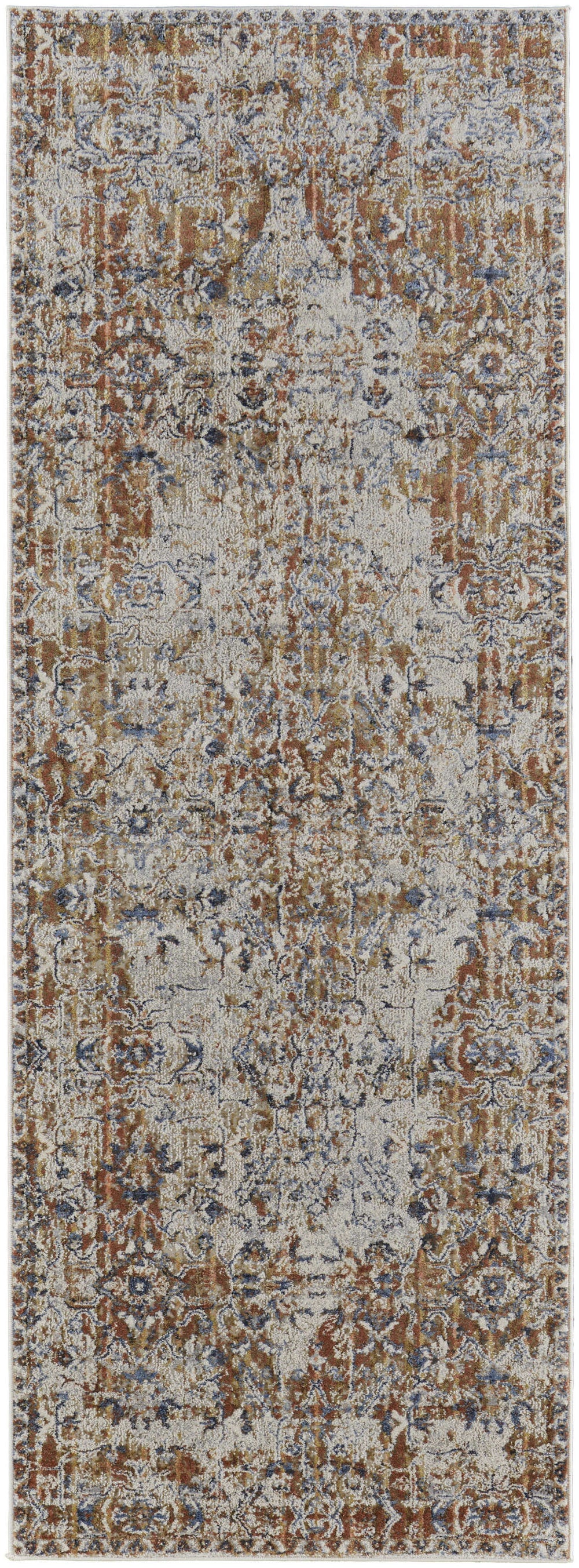 Homeroots 10' Tan Blue And Brown Oriental Power Loom Worn Faded Runner Rug With Fringe Gray Polypropylene 567275