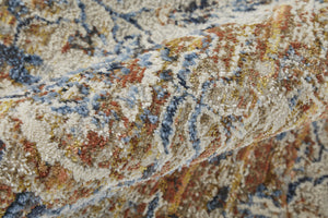 Homeroots 12' Tan Blue And Brown Oriental Power Loom Worn Faded Runner Rug With Fringe Gray Polypropylene 567276