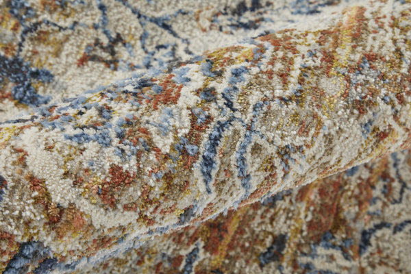 Homeroots 12' Tan Blue And Brown Oriental Power Loom Worn Faded Runner Rug With Fringe Gray Polypropylene 567276