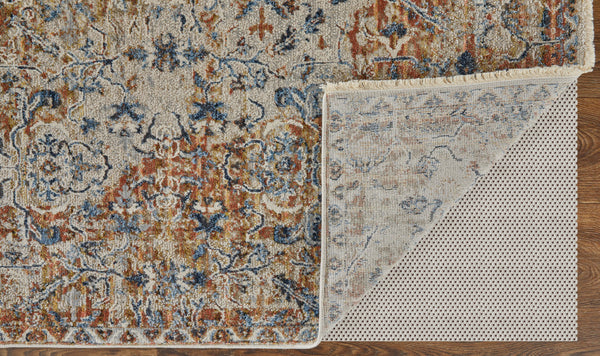 Homeroots 12' Tan Blue And Brown Oriental Power Loom Worn Faded Runner Rug With Fringe Gray Polypropylene 567276