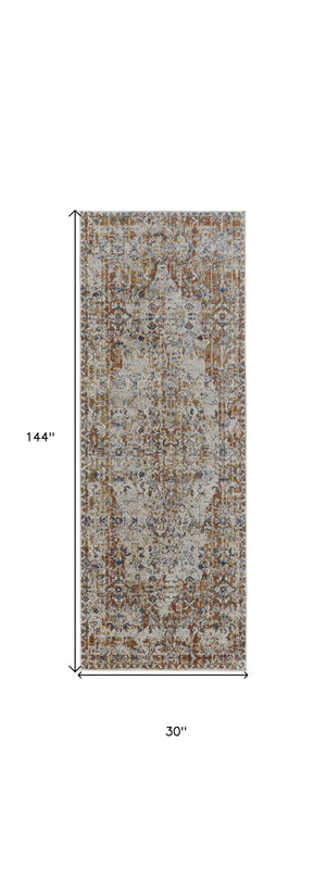 Homeroots 12' Tan Blue And Brown Oriental Power Loom Worn Faded Runner Rug With Fringe Gray Polypropylene 567276
