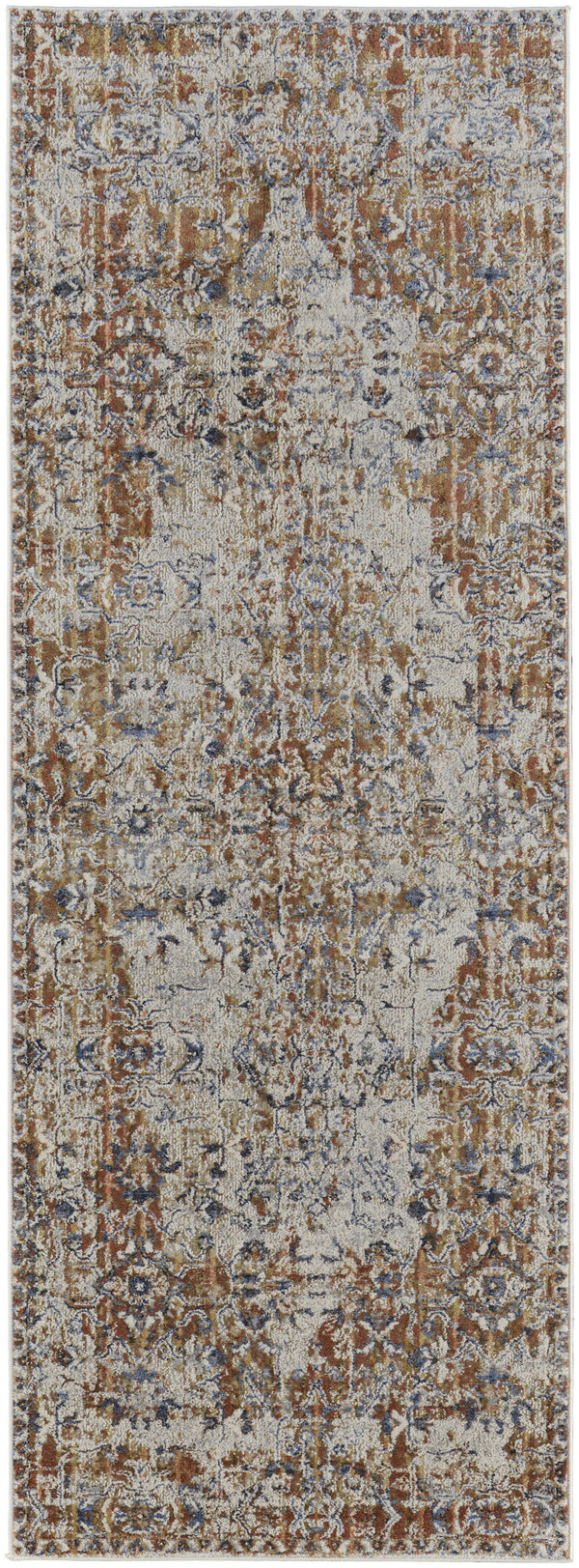 Homeroots 12' Tan Blue And Brown Oriental Power Loom Worn Faded Runner Rug With Fringe Gray Polypropylene 567276