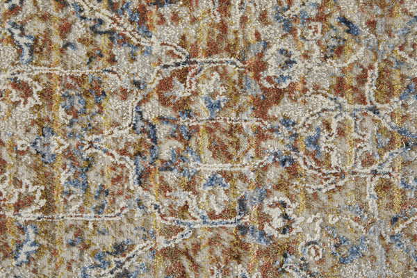 Homeroots 8' Tan Blue And Brown Oriental Power Loom Worn Faded Runner Rug With Fringe Gray Polypropylene 567277