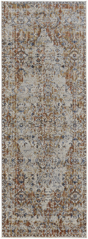 Homeroots 8' Tan Blue And Brown Oriental Power Loom Worn Faded Runner Rug With Fringe Gray Polypropylene 567277