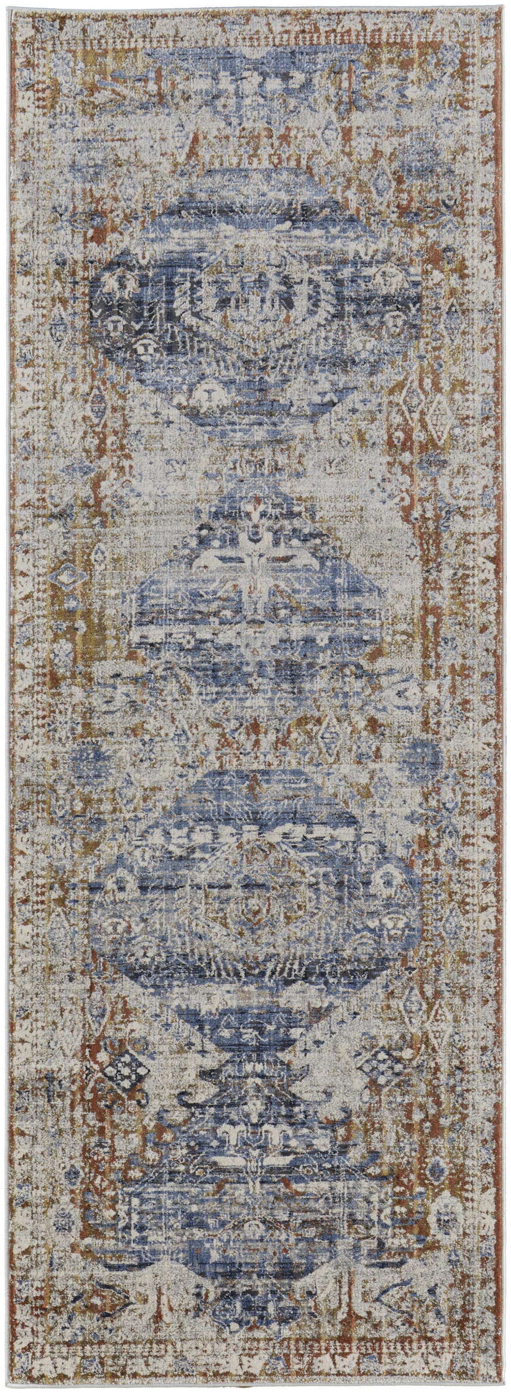 Homeroots 10' Gray Blue And Orange Oriental Power Loom Worn Faded Runner Rug With Fringe Ivory Polypropylene 567279