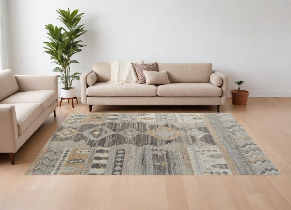 HomeRoots 6' Hand-Knotted Wool Moroccan Area Rug in Ivory Gray with Vibrant Orange Accents for Stylish Homes 9' X 13' 567288