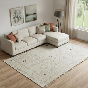 HomeRoots 9' Hand-Knotted Ivory & Tan Moroccan Wool Area Rug - Elegant, Durable, Perfect for Family Spaces! 567292