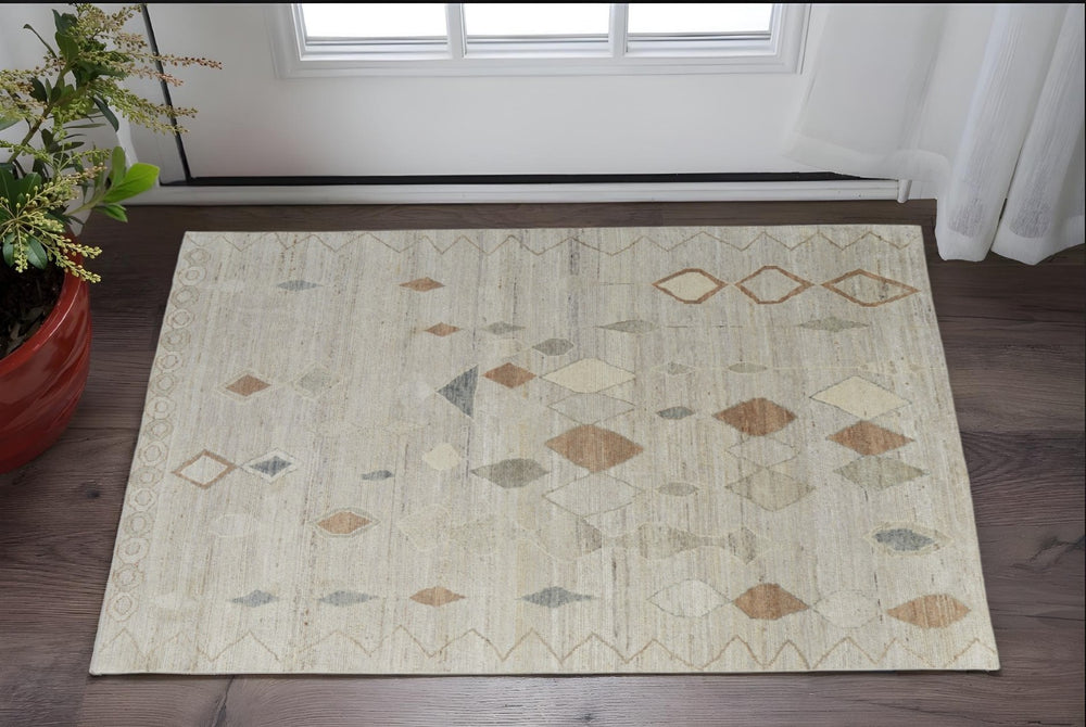 HomeRoots 6' Hand-Knotted Moroccan Wool Area Rug - Elegant Tan, Brown & Gray Design for Cozy Living Spaces 2' X 3' 567297