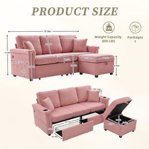 English Elm UNITED Corduroy L-Shaped Sectional Sofa with Storage Ottoman, USB Ports, Cup Holders & LED Lighting Pink W1568P332401