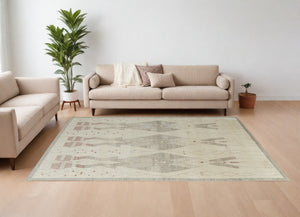 HomeRoots 6' Gray and Red Wool Geometric Hand-Knotted Area Rug for Contemporary Style and Comfort 6' X 9' 567303