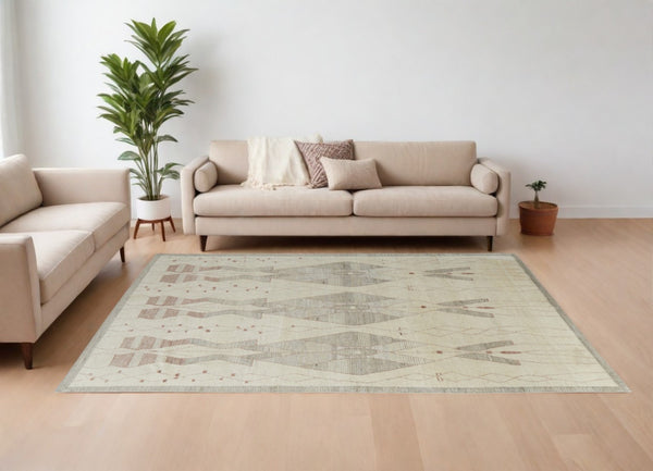 HomeRoots 6' Gray and Red Wool Geometric Hand-Knotted Area Rug for Contemporary Style and Comfort 8' X 10' 567304