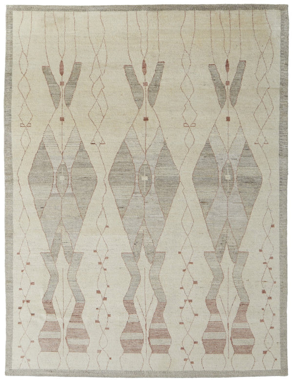 HomeRoots 6' Gray and Red Wool Geometric Hand-Knotted Area Rug for Contemporary Style and Comfort 9' X 13' 567306