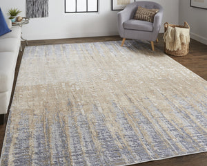 Homeroots 3' X 5' Ivory Tan And Blue Ombre Power Loom Worn Faded Area Rug Gray Polyester 567315
