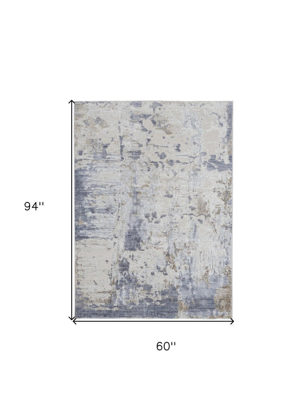 HomeRoots 5' Modern Abstract Area Rug in Ivory, Gray, and Blue - Durable, Stain-Resistant, and Elegant Design 5' X 8' 567318