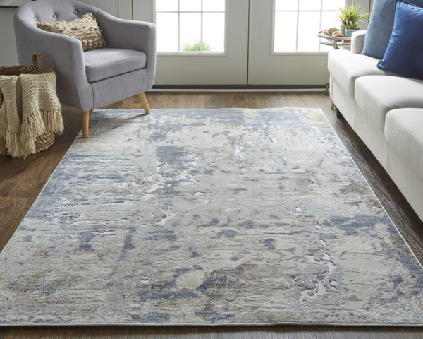 HomeRoots 5' Modern Abstract Area Rug in Ivory, Gray, and Blue - Durable, Stain-Resistant, and Elegant Design 10' Runner 567321