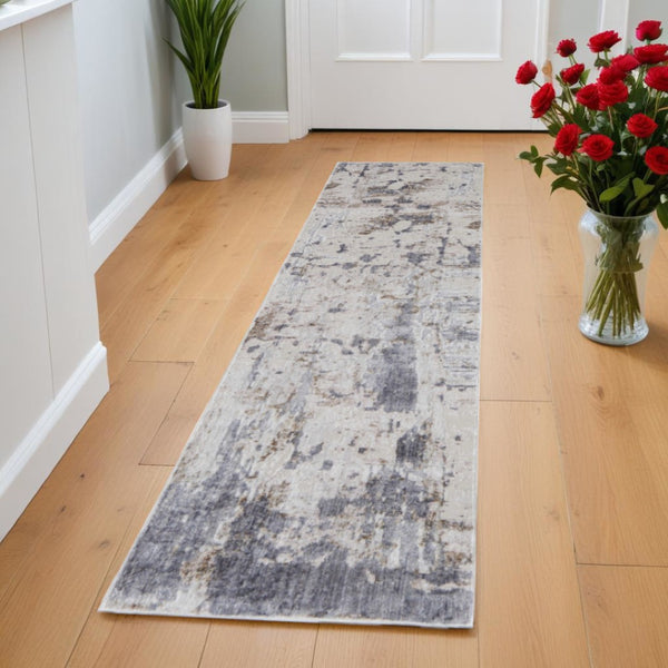 HomeRoots 5' Modern Abstract Area Rug in Ivory, Gray, and Blue - Durable, Stain-Resistant, and Elegant Design 8' Runner 567322