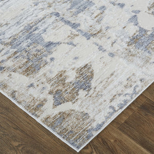 HomeRoots 5' Modern Abstract Area Rug in Ivory, Gray, and Blue - Durable, Stain-Resistant, and Elegant Design 12' Runner 567323