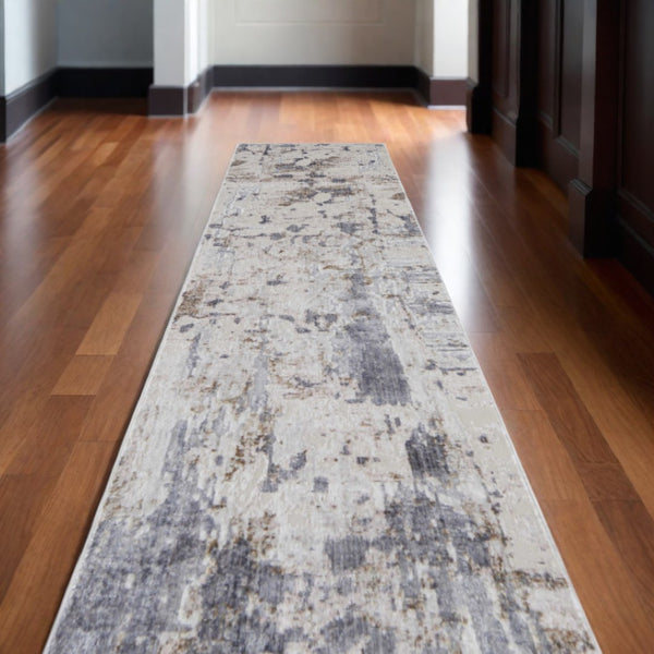 HomeRoots 5' Modern Abstract Area Rug in Ivory, Gray, and Blue - Durable, Stain-Resistant, and Elegant Design 12' Runner 567323