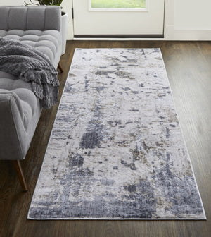 HomeRoots 5' Modern Abstract Area Rug in Ivory, Gray, and Blue - Durable, Stain-Resistant, and Elegant Design 12' Runner 567323