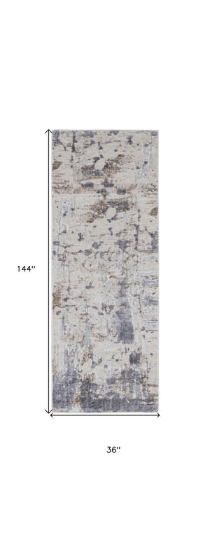 HomeRoots 5' Modern Abstract Area Rug in Ivory, Gray, and Blue - Durable, Stain-Resistant, and Elegant Design 12' Runner 567323
