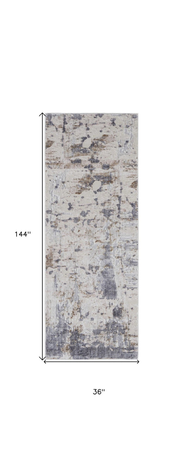 HomeRoots 5' Modern Abstract Area Rug in Ivory, Gray, and Blue - Durable, Stain-Resistant, and Elegant Design 12' Runner 567323