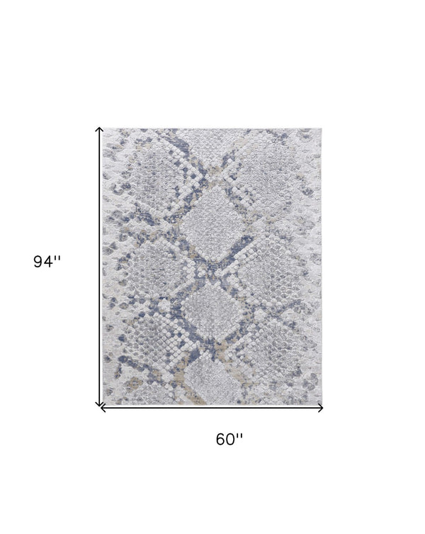 HomeRoots 5' Contemporary Gray Silver Blue Geometric Area Rug - Durable, Stain-Resistant, Family-Friendly Design 5' X 8' 567327