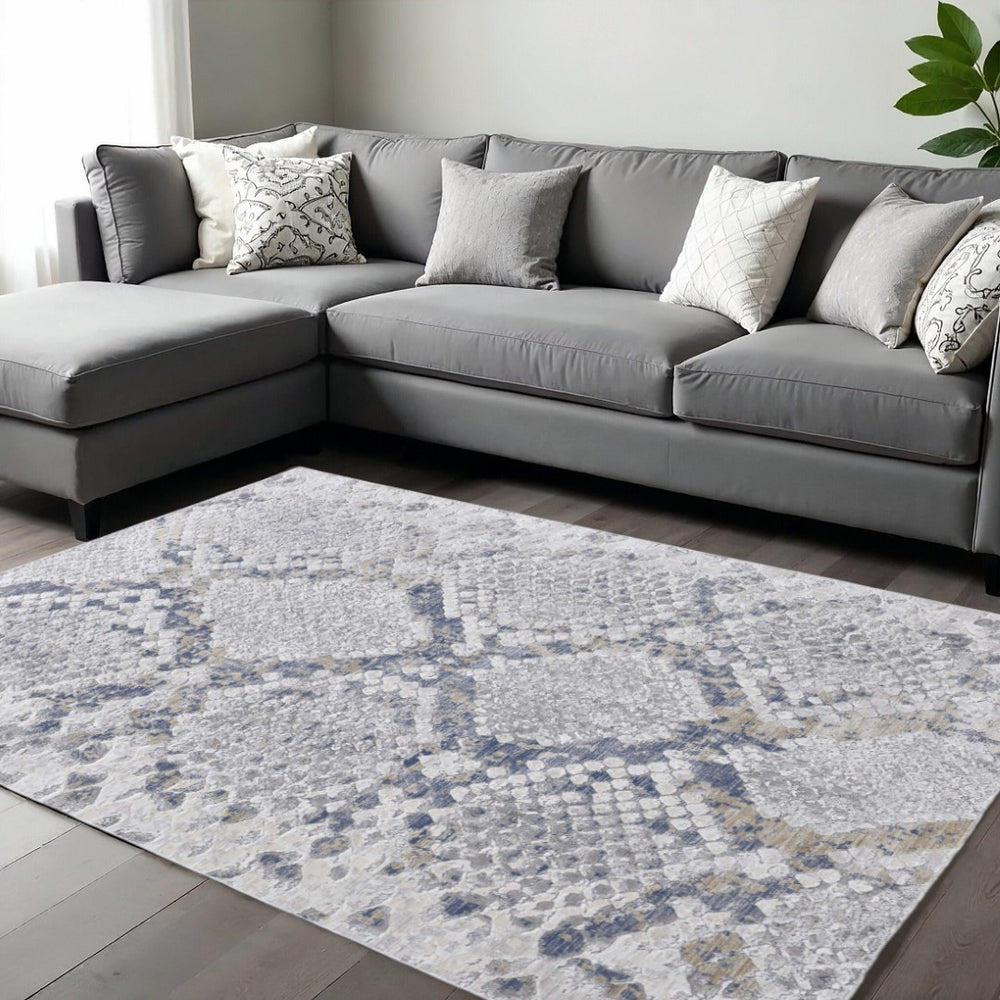 HomeRoots 5' Contemporary Gray Silver Blue Geometric Area Rug - Durable, Stain-Resistant, Family-Friendly Design 10' X 13' 567329