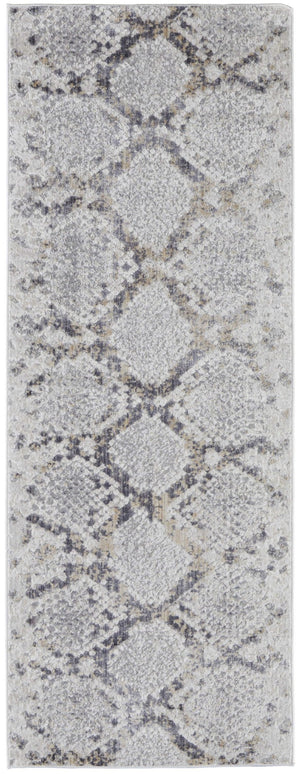 HomeRoots 5' Contemporary Gray Silver Blue Geometric Area Rug - Durable, Stain-Resistant, Family-Friendly Design 12' Runner 567332
