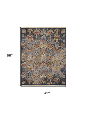 Homeroots 4' X 6' Blue Gray And Brown Wool Ikat Hand Knotted Area Rug With Fringe Blue Wool 567335