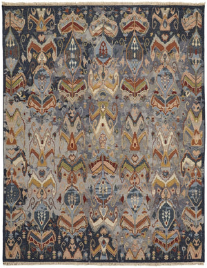 HomeRoots 4' Hand-Knotted Wool Ikat Area Rug in Blue-Gray and Brown – Timeless Charm for Any Room 6' X 9' 567336
