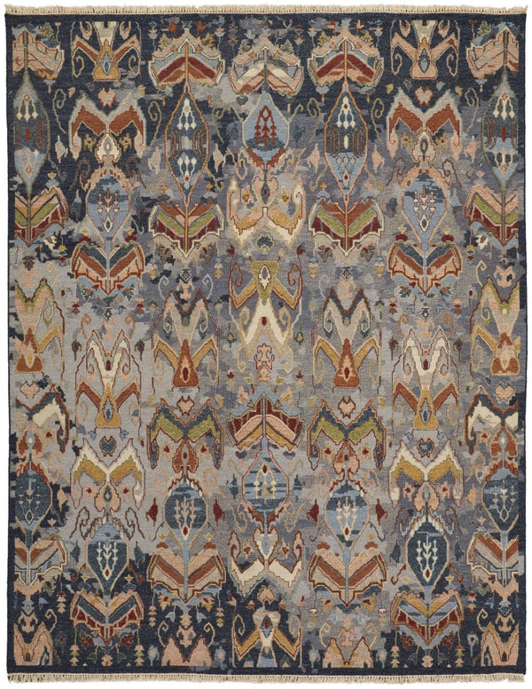HomeRoots 4' Hand-Knotted Wool Ikat Area Rug in Blue-Gray and Brown – Timeless Charm for Any Room 6' X 9' 567336